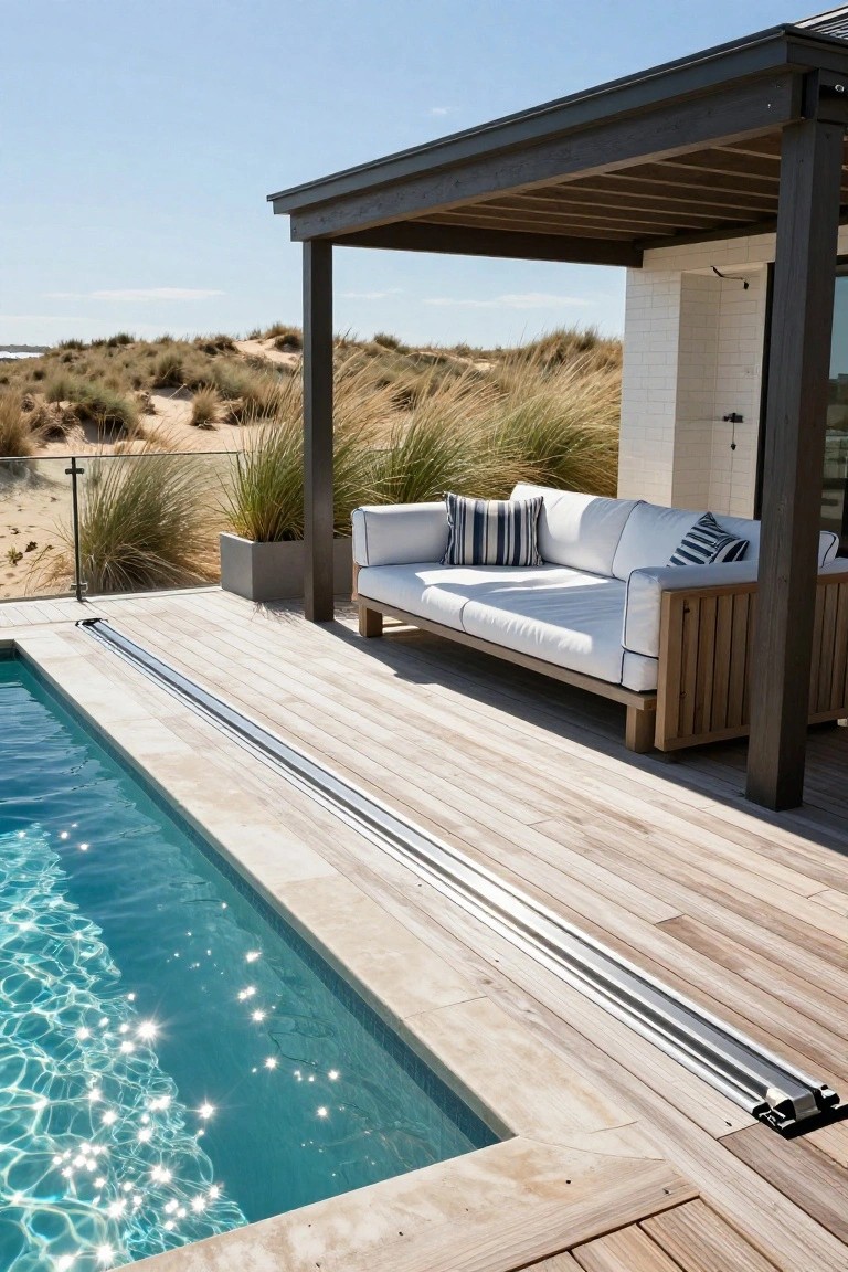 24 Smooth Retractable Pool Shade Ideas That Adjust Effortlessly Wooden deck adjacent to a rectangular pool with a silver retractable cover track and roller along the edge, white sofa with blue pillows under a dark wood pergola, potted grasses and beach dunes in the background.