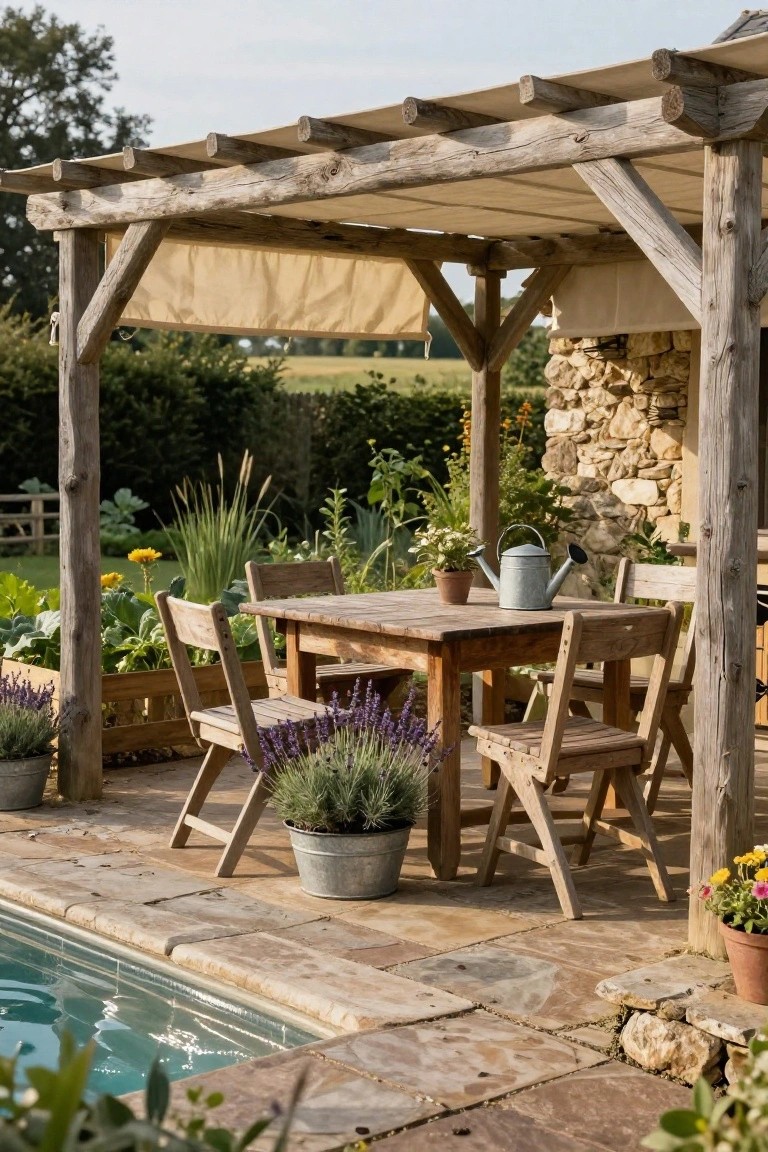 24 Smooth Retractable Pool Shade Ideas That Adjust Effortlessly Wooden pergola with beige fabric shade covering a rustic wooden table and chairs on a stone patio next to a swimming pool, with plants and garden bed nearby.