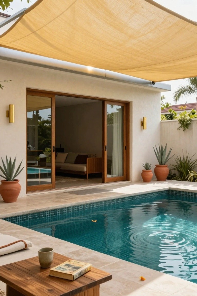 24 Smooth Retractable Pool Shade Ideas That Adjust Effortlessly Beige fabric shade sail stretched over a turquoise pool beside a modern house with open wooden sliding doors, potted agave plants, lounge seating inside, and a wooden table with a book and mug on the pool deck.