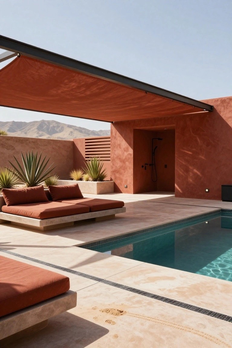 24 Smooth Retractable Pool Shade Ideas That Adjust Effortlessly Outdoor pool area featuring a large rust-colored fabric shade sail overhead, low beige daybed with rust cushions, turquoise pool, red stucco walls with outdoor shower, agave plants, and desert mountains in the background.