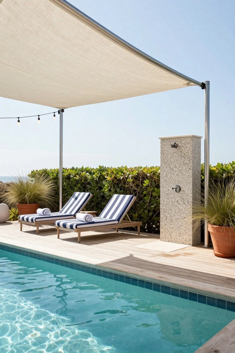 24 Smooth Retractable Pool Shade Ideas That Adjust Effortlessly Wooden deck beside a turquoise pool with two blue striped lounge chairs topped with white towels under a beige fabric shade sail, a stone outdoor shower pillar nearby, potted plants, ornamental grasses, and green hedges against a blue sky.