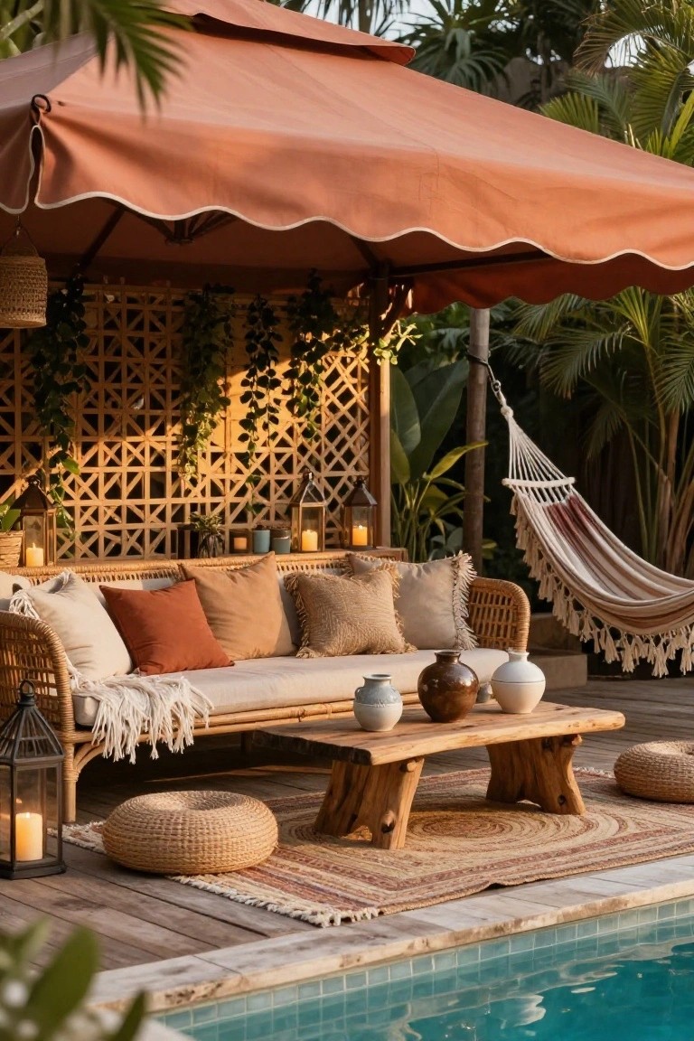 24 Smooth Retractable Pool Shade Ideas That Adjust Effortlessly Outdoor poolside lounge on a wooden deck shaded by a large scalloped orange cantilever umbrella, with rattan sofa, pillows, low wooden table, poufs, hammock, lanterns, plants, and a turquoise pool nearby.