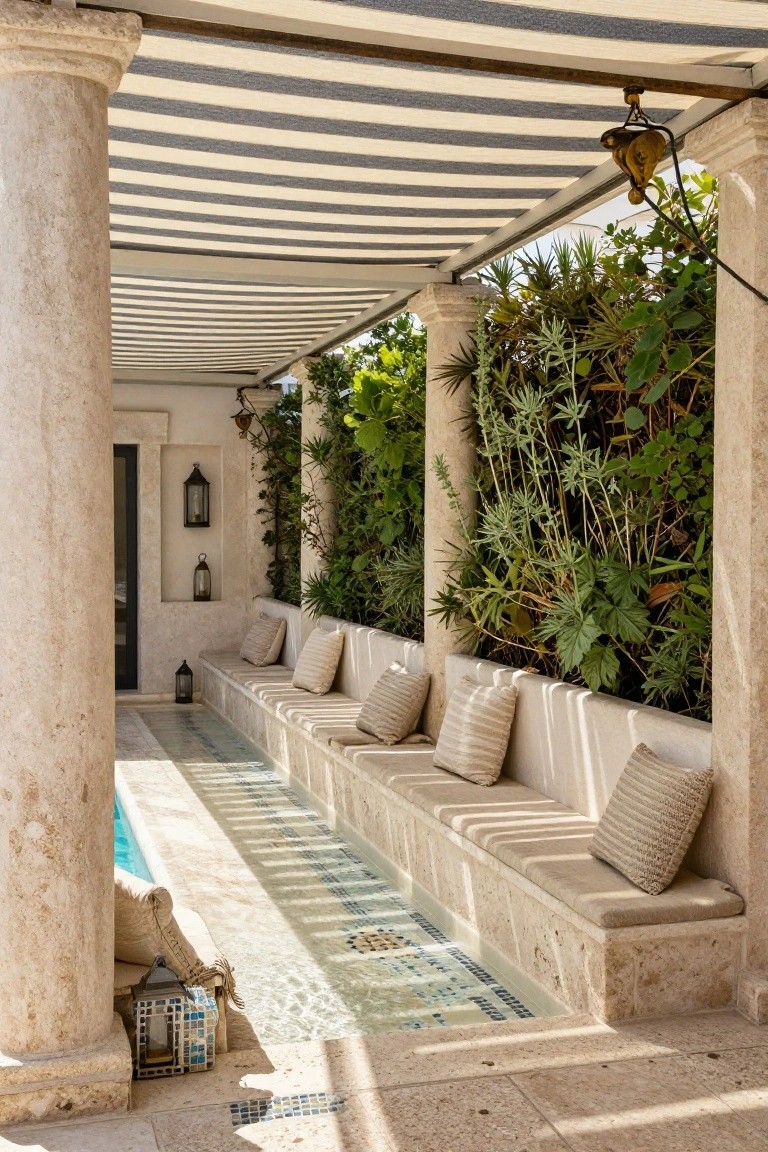 24 Smooth Retractable Pool Shade Ideas That Adjust Effortlessly Narrow pool alongside a long cushioned stone bench under a white and gray striped retractable awning on stone columns, with vertical green plant walls, lanterns, and pillows.