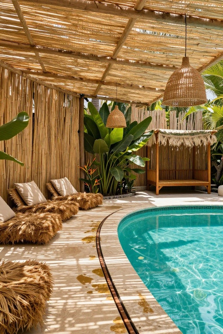 24 Smooth Retractable Pool Shade Ideas That Adjust Effortlessly Curved turquoise pool with beige loungers under a thatched bamboo roof and pergola, surrounded by bamboo screens, large green plants, and hanging rattan lamps.