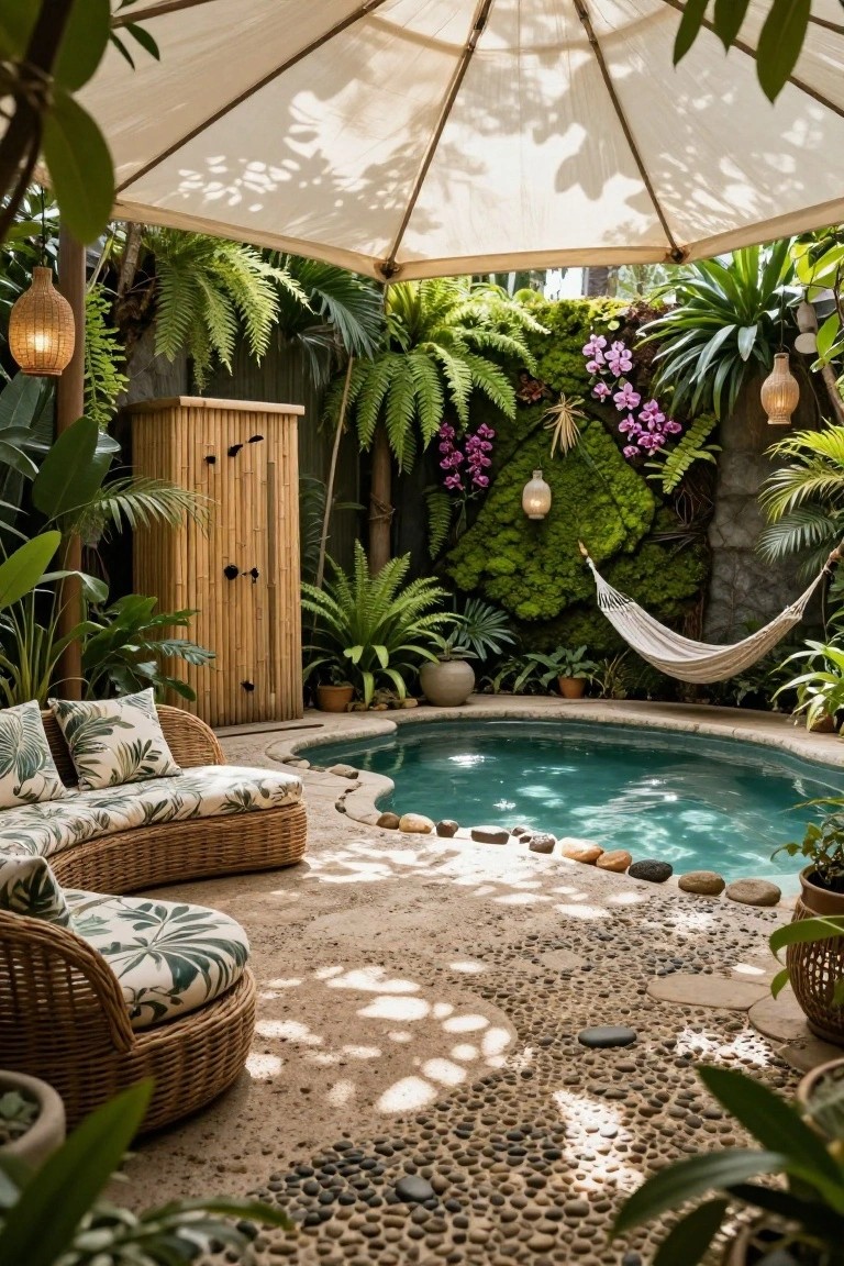 24 Smooth Retractable Pool Shade Ideas That Adjust Effortlessly Lush tropical courtyard with small turquoise pool, curved rattan lounge sofa under large white conical umbrella, bamboo enclosure, hanging hammock on green wall, lanterns, plants, and pebble patio.