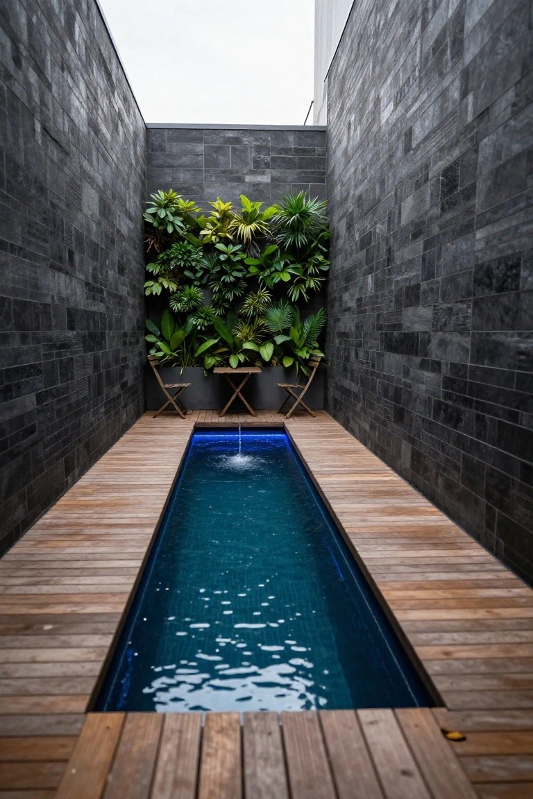 Narrow rectangular pool with blue underwater edge lighting, wooden decking on both sides, black stone walls with vertical green plants, and two folding chairs with a small table nearby.