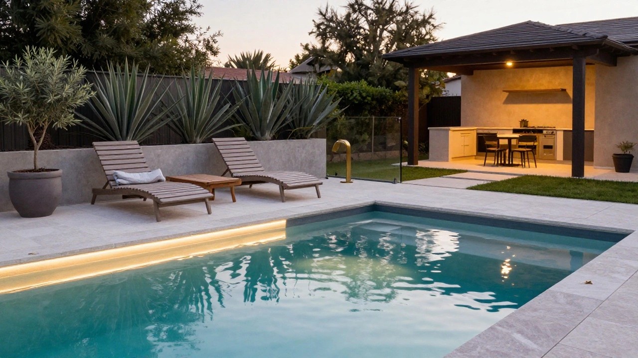 Outdoor pool at dusk with soft blue LED lighting along the edge, grey travertine pavers, wooden sun loungers, potted plants, glass pool fence, and an outdoor kitchen under a dark timber pergola.