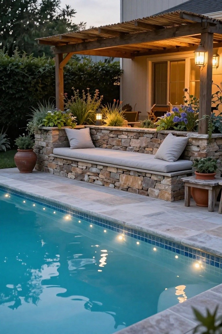 Backyard pool at dusk with soft glowing lights along the water edge, stone wall bench with gray cushions, wooden pergola overhead, potted plants, and house visible in background.