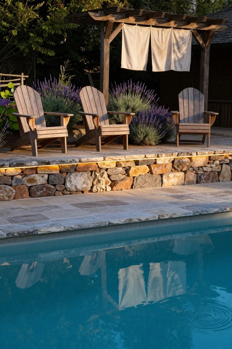 Turquoise pool beside raised stone wall with recessed LED strip lighting underneath, wooden Adirondack chairs on patio, pergola draped with white linens, and lavender plants.