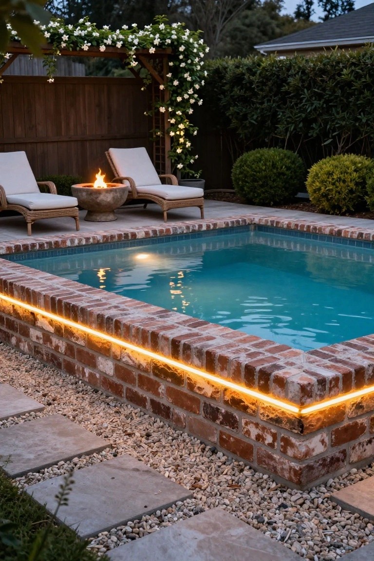 Small rectangular pool with turquoise water and brick edges lined by glowing yellow LED strip lights, flanked by lounge chairs, a fire bowl, pergola with white flowers, shrubs, gravel, and pavers at dusk.