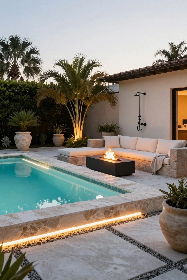 Backyard pool with soft blue LED strip lighting along the beige stone edge, L-shaped beige sofa and black fire table on matching deck, outdoor shower on stucco wall, potted plants and palm trees at twilight.
