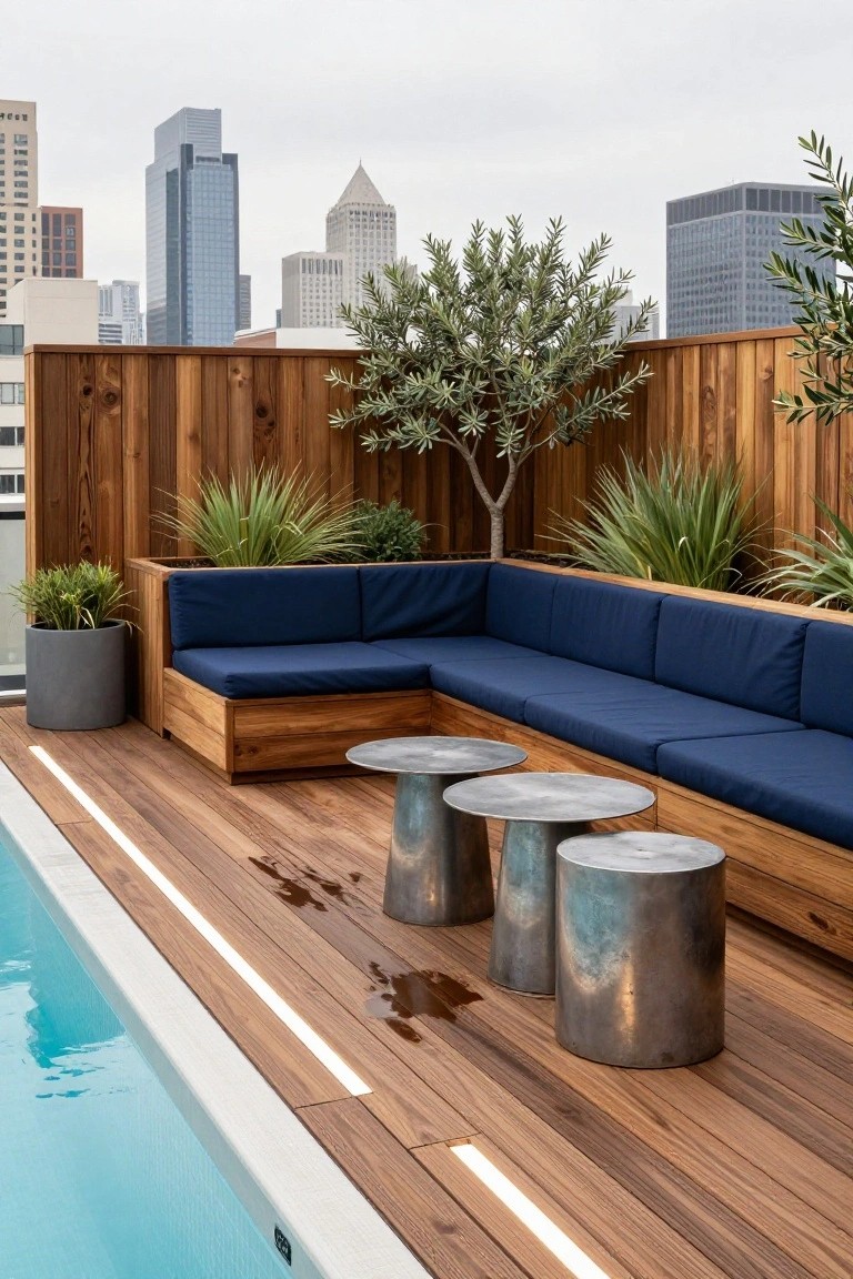 Rooftop wooden deck beside a rectangular pool with embedded thin white linear lighting along the edge, built-in L-shaped navy sofa, three hammered metal drum tables, potted plants and olive tree, wooden fence, and city skyline in the background.