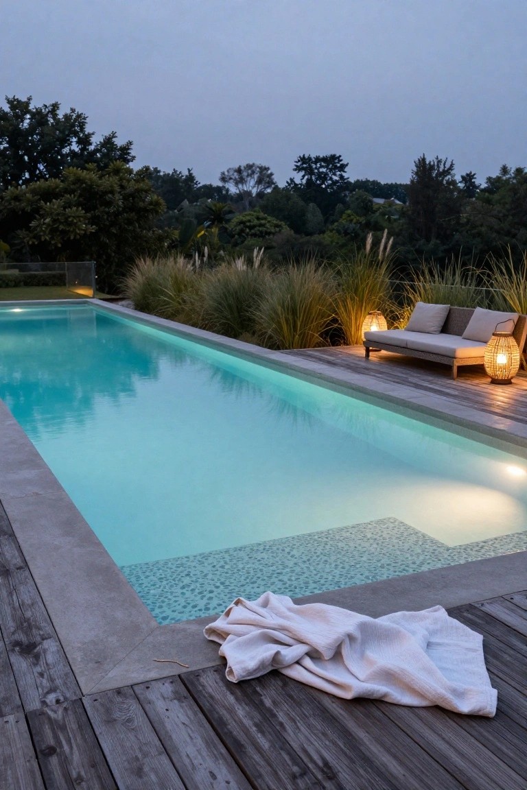Long rectangular pool with soft blue underwater edge lighting at dusk, adjacent wooden deck with white towel and mosaic tile detail, outdoor sofa with cushions and lanterns, tall grasses and trees in background.