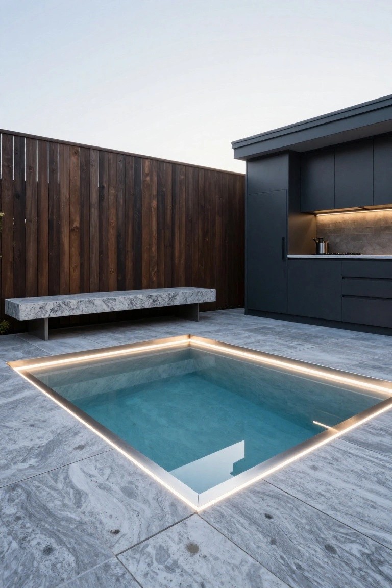 Small rectangular pool with thin recessed LED lighting along the edge glowing on blue water, gray marbled tiled patio, marble bench nearby, wooden fence, and dark cabinet outdoor kitchen structure.