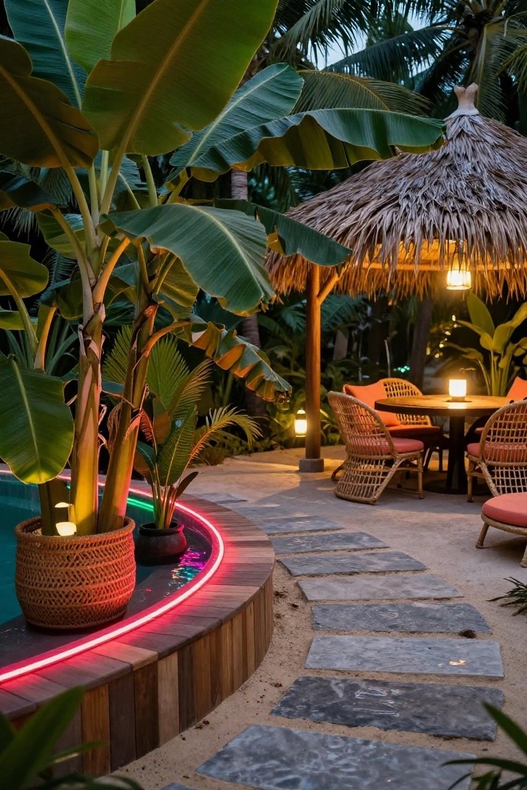 Curved outdoor pool at dusk with red neon LED strip lighting along the edge, surrounded by banana plants in a basket, a thatched roof hut with rattan chairs and table, stone path, and lanterns.