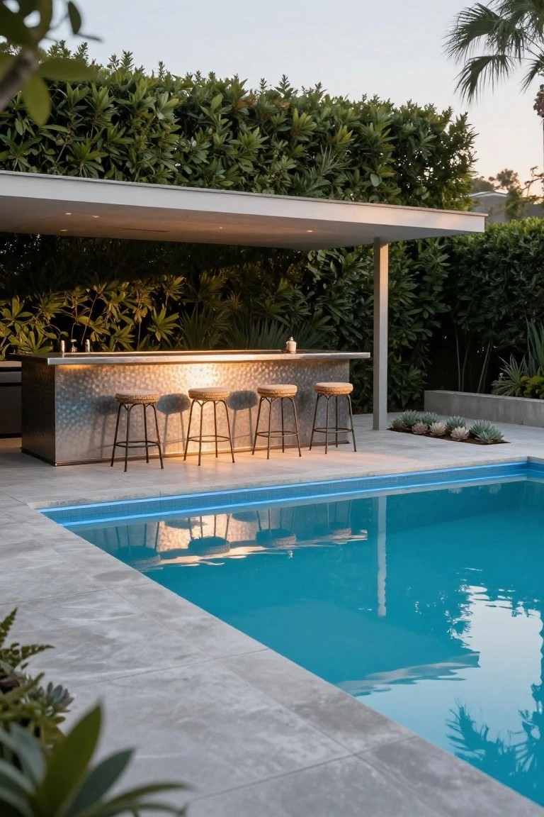 Backyard pool with soft lighting embedded in light gray pavers along the edge, a covered stainless steel bar with rattan stools nearby, surrounded by green hedges and plants at dusk.