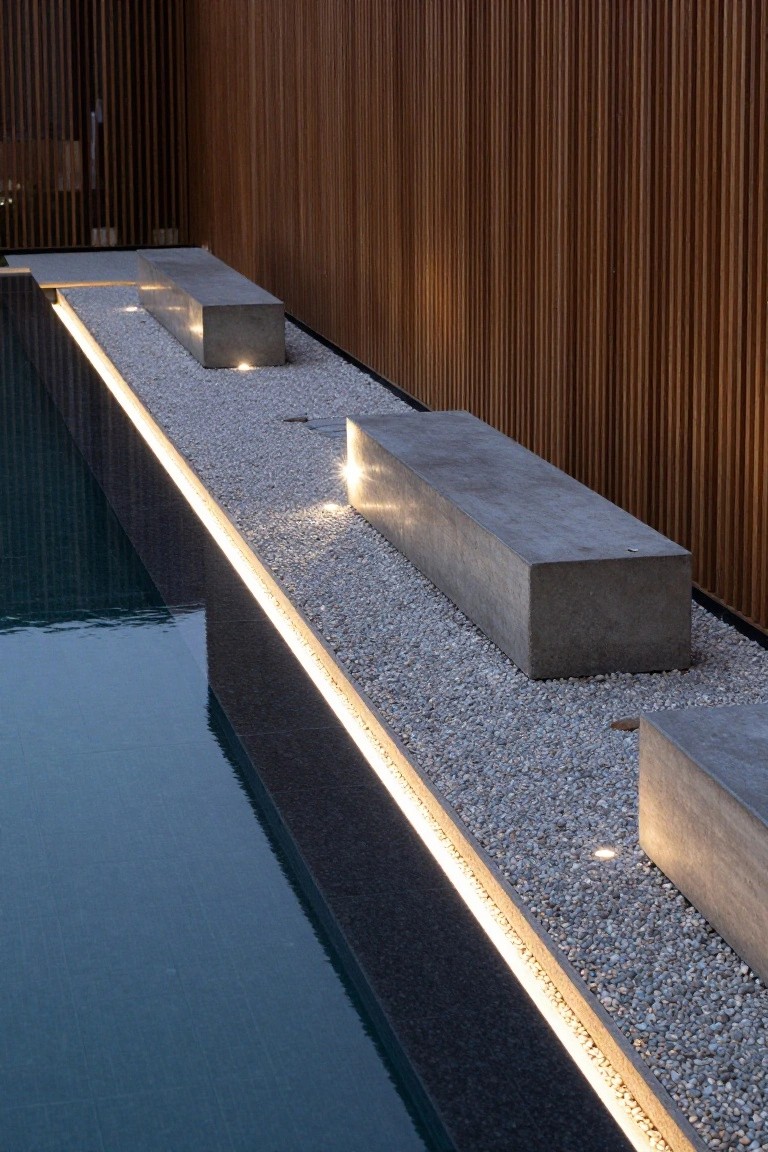 Pool at night with thin linear LED lights glowing along the black edge, white pebbles nearby, concrete benches, and a tall wooden slatted wall in the background.