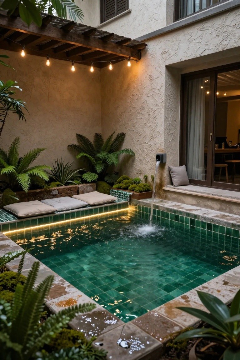 Small rectangular plunge pool with green tiles and soft glowing LED lights along the underwater edges, surrounded by ferns, moss, cushions on stone benches, a cascading water feature, and warm string lights overhead in a walled courtyard.
