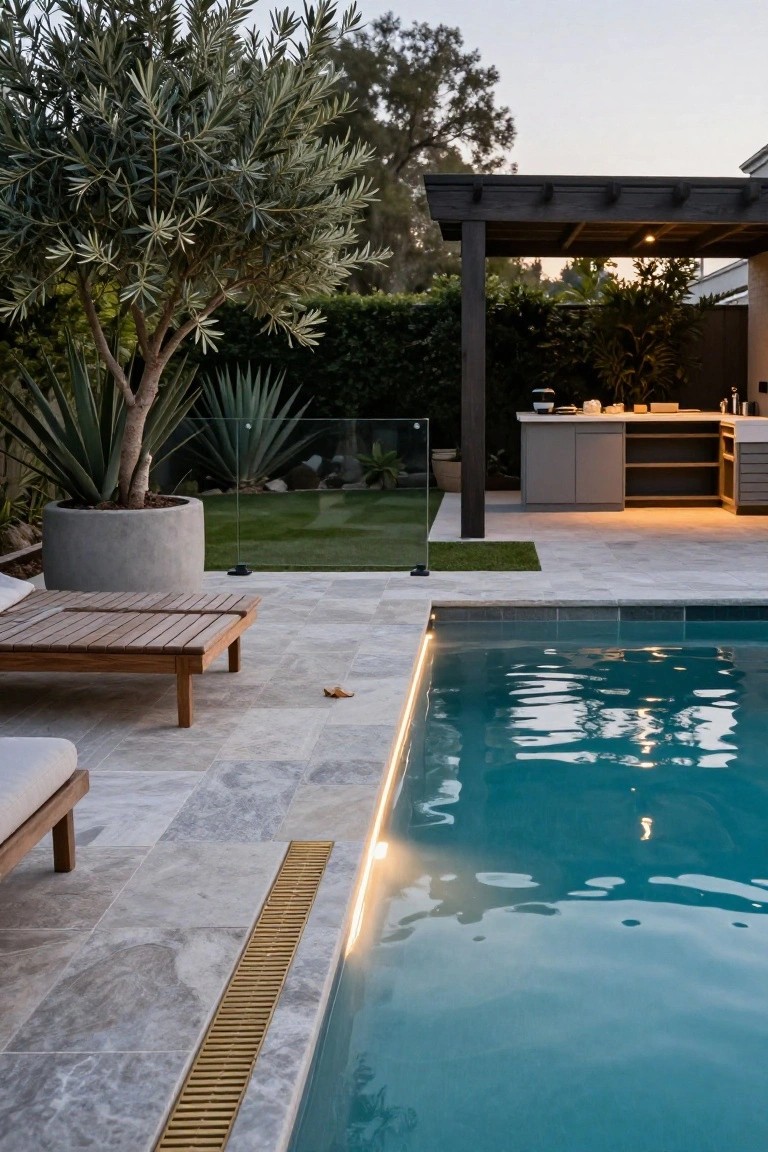 Outdoor pool at dusk with soft blue LED lighting along the edge, grey travertine pavers, wooden sun loungers, potted plants, glass pool fence, and an outdoor kitchen under a dark timber pergola.