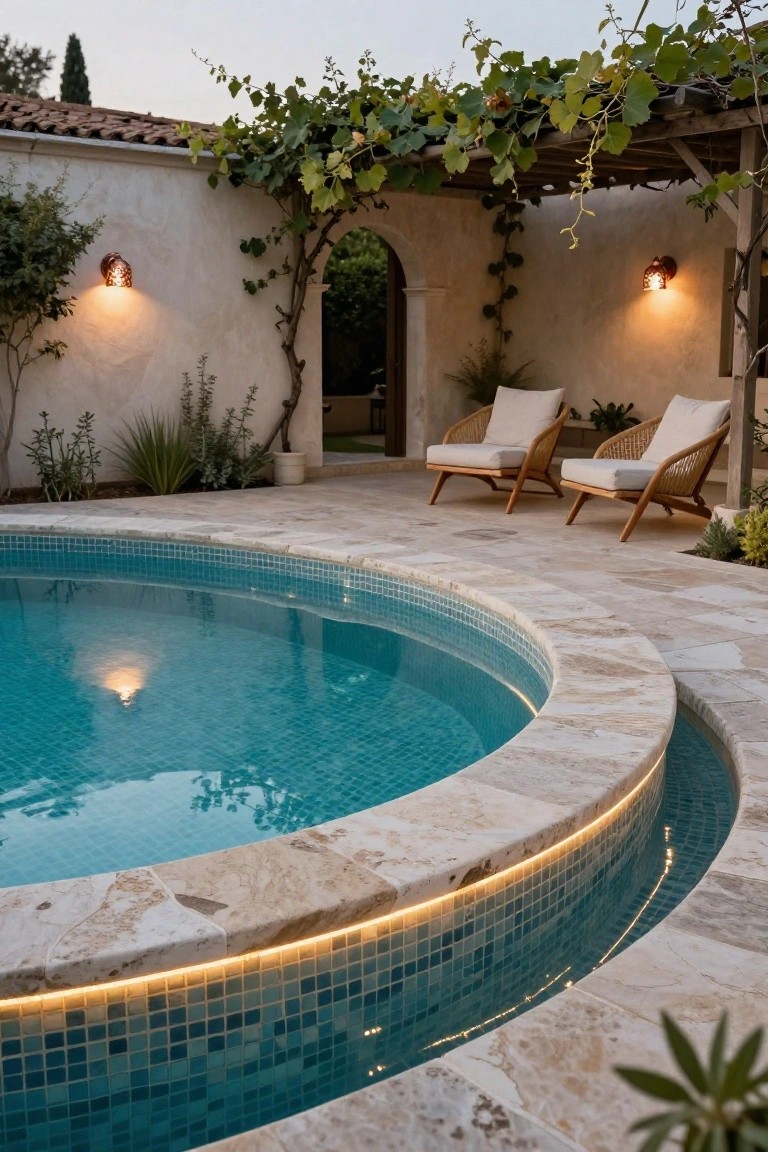 Curved turquoise mosaic-tiled pool with soft LED lighting along the beige stone edge, adjacent patio with two wicker chairs, plants, vine-covered pergola, and stucco walls at dusk.