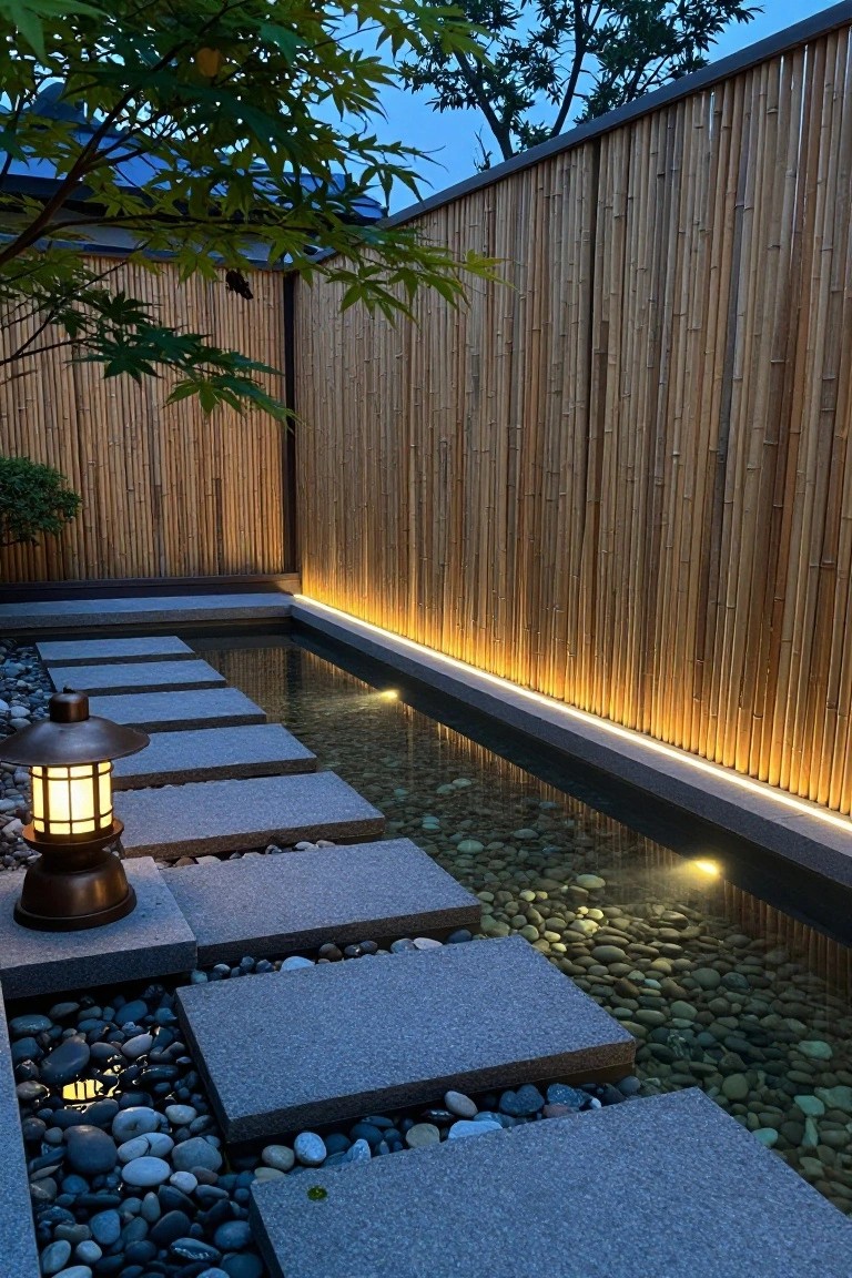 A shallow rectangular pool filled with pebbles and crossed by flat gray stepping stones, with soft yellow LED lighting along the edges, a stone lantern at one end, and tall bamboo fencing enclosing the area.