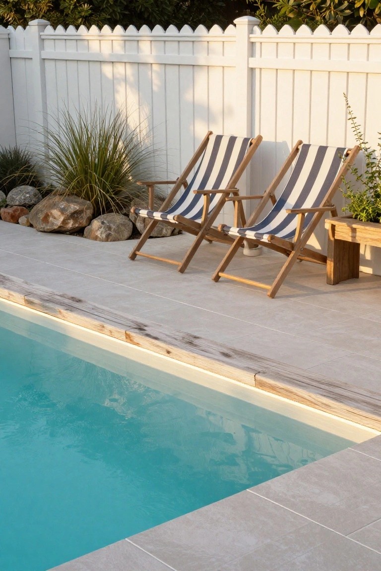 Side view of a turquoise pool with glowing edge lighting, two adjacent wooden lounge chairs with blue and white striped fabric on a light gray tiled deck, nearby grasses, rocks, plants in a wooden planter, and white picket fence in the background.