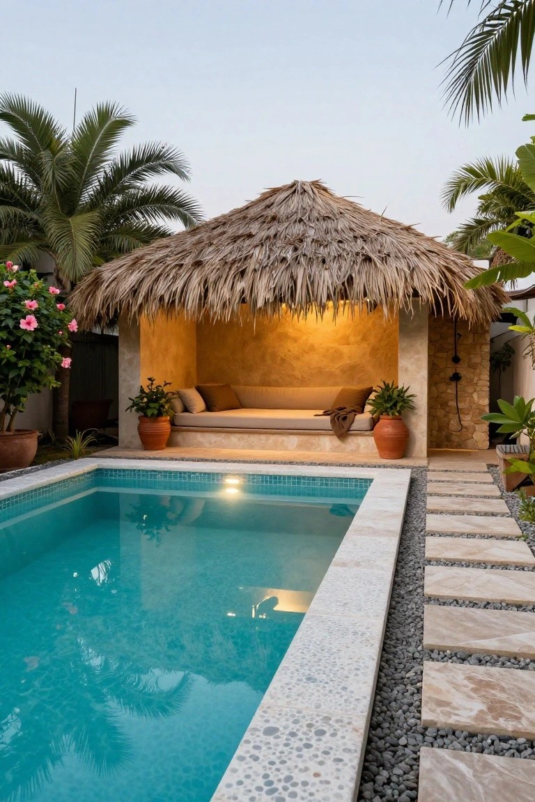 Small rectangular pool with turquoise tiled water and soft underwater edge lighting next to a thatched-roof open cabana containing beige cushions and plants, surrounded by palm trees, pink hibiscus, and stone paths.