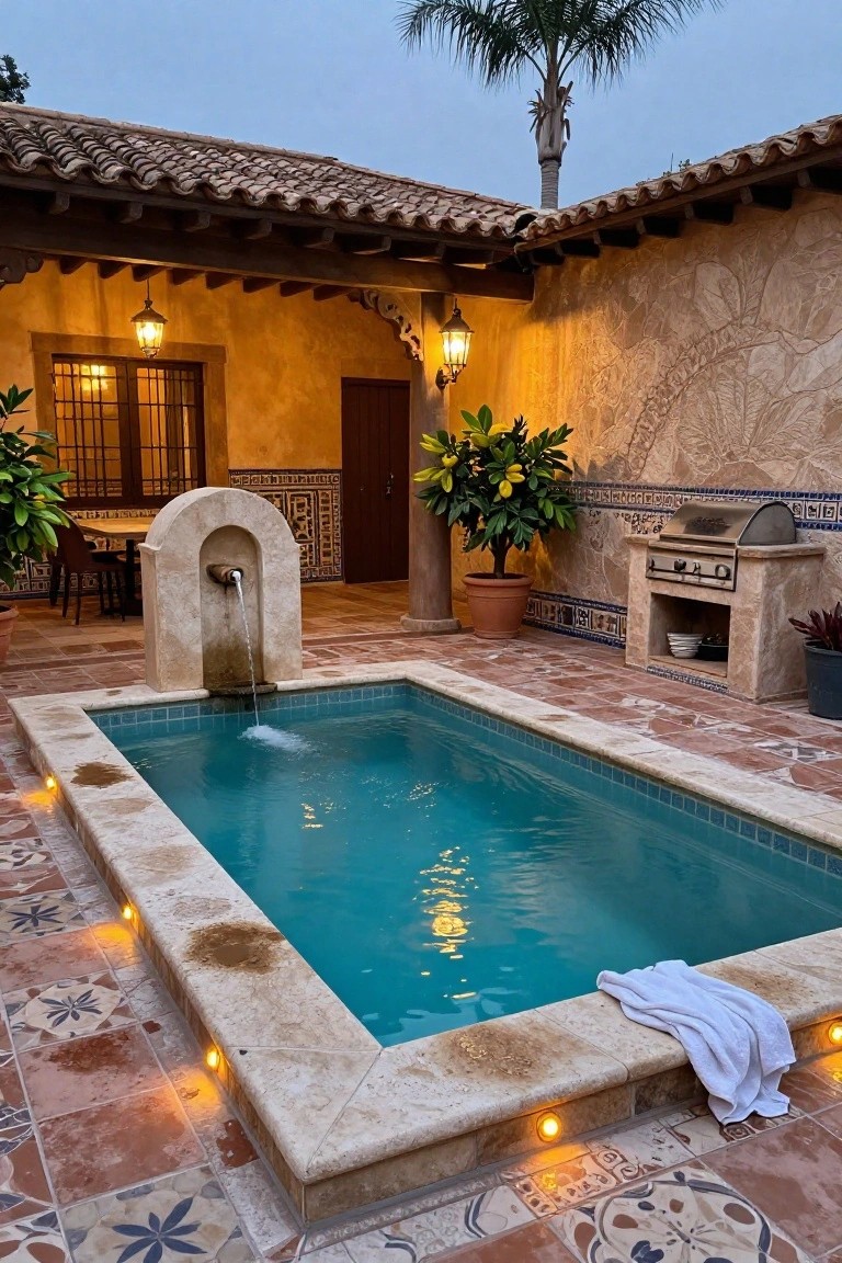 Small rectangular pool with turquoise water and a fountain feeding in from one end, edged in weathered stone with embedded low lights, terracotta tiled patio, nearby potted plants, BBQ grill, and Spanish-style courtyard architecture at dusk.