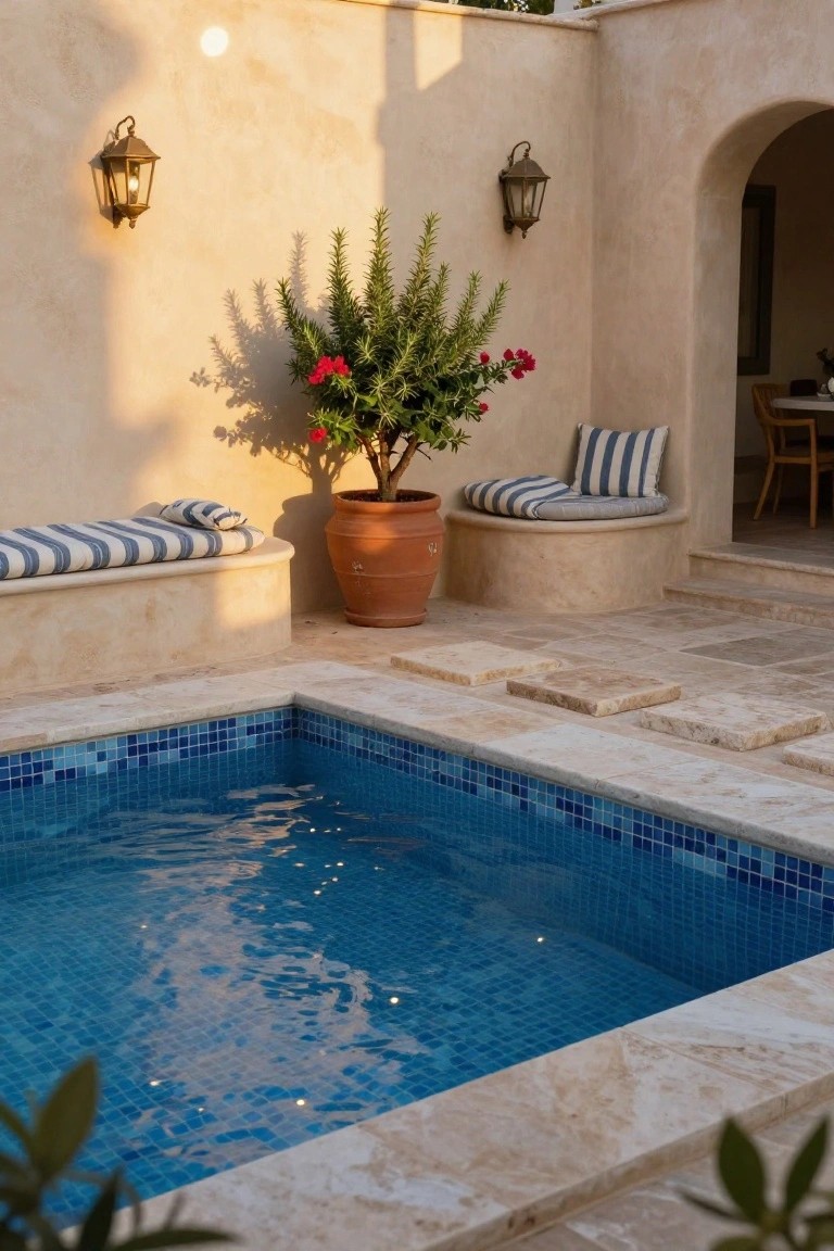 Small rectangular pool with blue mosaic tiles and subtle glowing underwater lights along the edges, next to curved beige stone benches with blue-striped cushions, a terracotta pot with a flowering plant, and wall lanterns in a stucco courtyard during golden hour.