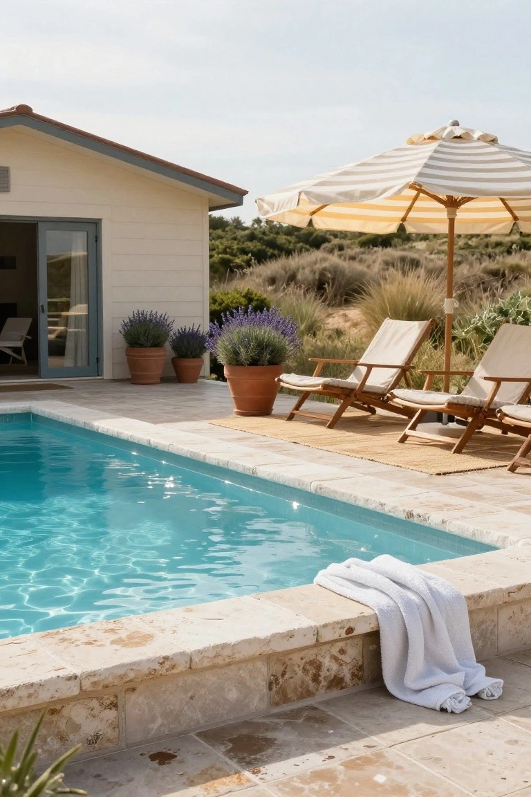 Small rectangular swimming pool with beige tumbled stone coping, white towel draped over one edge, two beige canvas lounge chairs with wooden frames on a seagrass rug under a beige striped market umbrella, potted lavender plants nearby, and a white house with blue door visible in the background amid sand dunes and grasses.