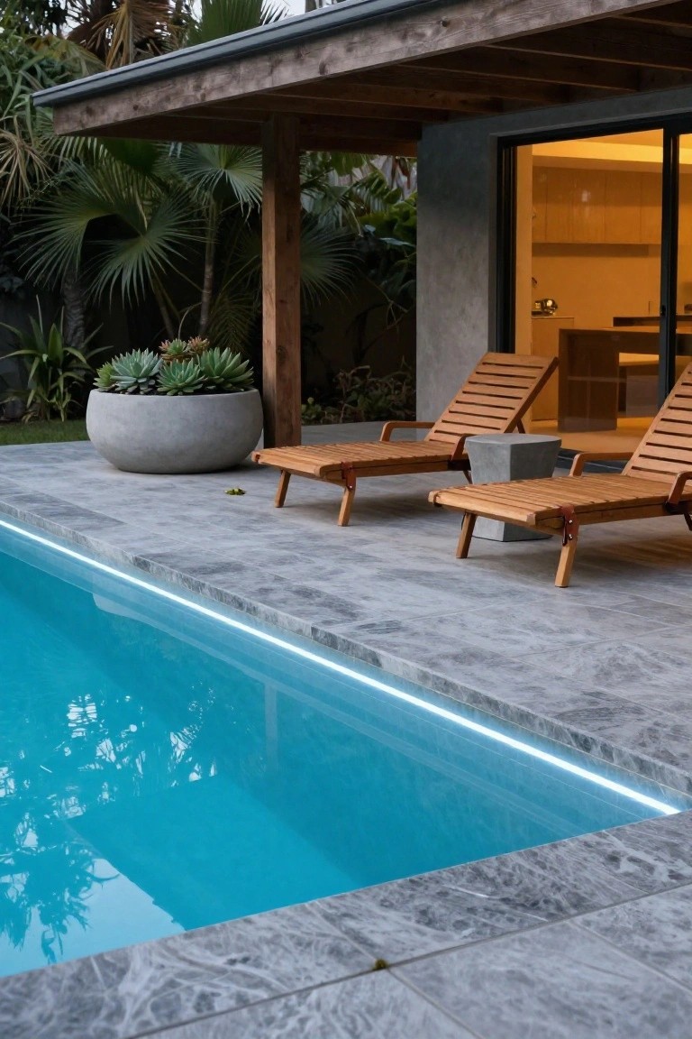 Two wooden lounge chairs and a concrete side table on a grey tiled patio beside a rectangular pool with thin blue-white edge lighting, surrounded by potted succulents, tropical palms, and a modern house with glass doors in the background.
