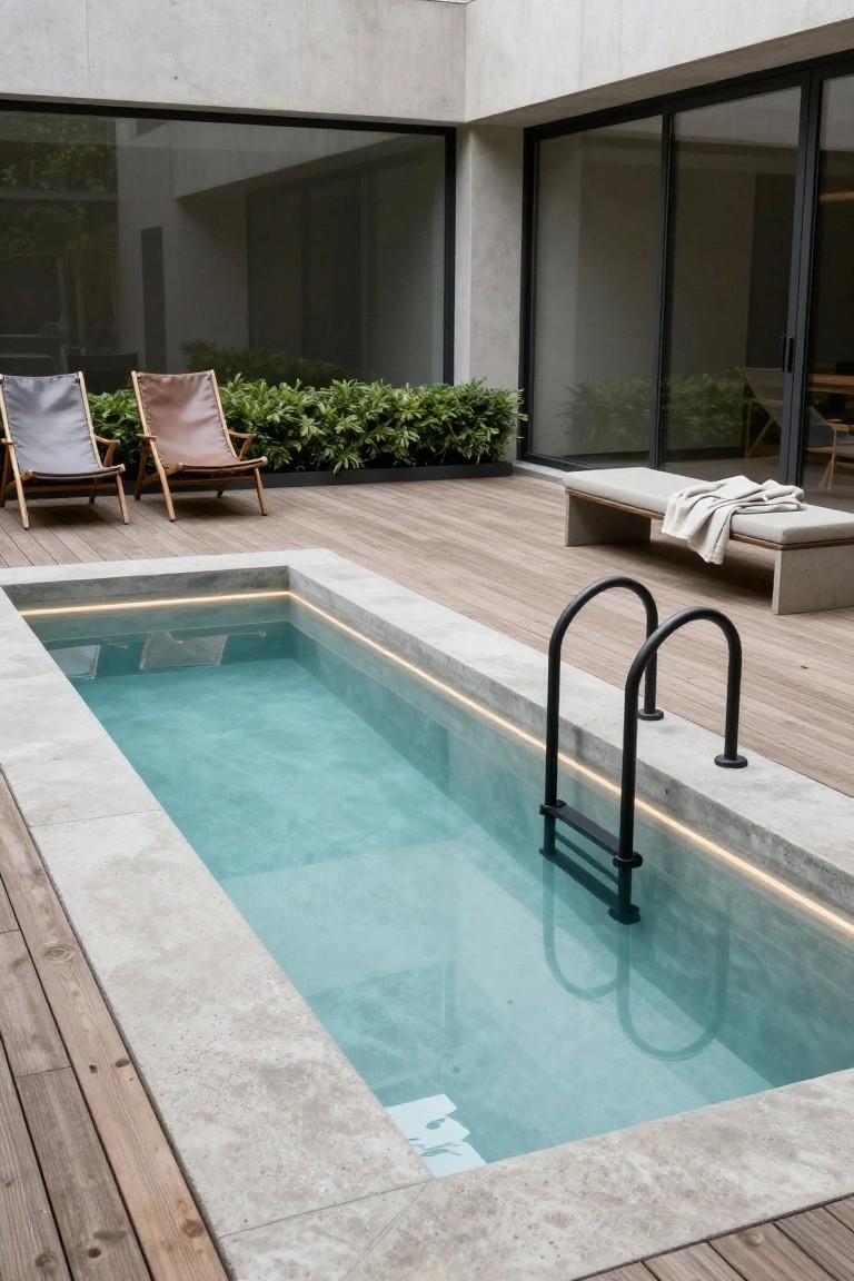 Small rectangular pool with soft edge lighting and black metal ladder on a wooden deck with concrete coping, flanked by lounge chairs, plants, a bench, and large glass doors to the house.