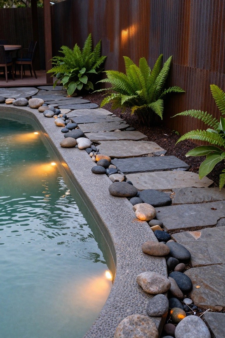 Curved pool edge bordered by pebbles and rocks with warm glowing underwater lights, flat stepping stones nearby, green ferns, and a corrugated metal fence in the background.