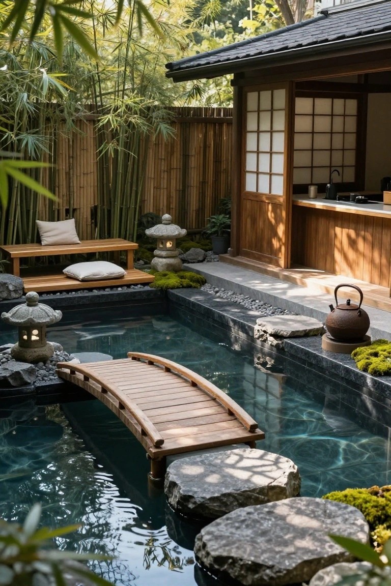 Narrow turquoise pool with curved wooden bridge crossing over it, flanked by stone lanterns, moss-covered rocks, bamboo fencing, wooden bench, and adjacent outdoor kitchen counter with teapot.