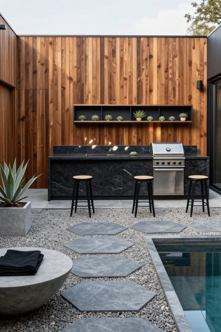 Outdoor kitchen featuring a black marble countertop with built-in stainless steel gas grill, two black stools, wooden paneled wall backdrop with shelves holding potted succulents, hexagonal gray stone pavers, gravel ground, potted agave plants, and edge of a rectangular pool.