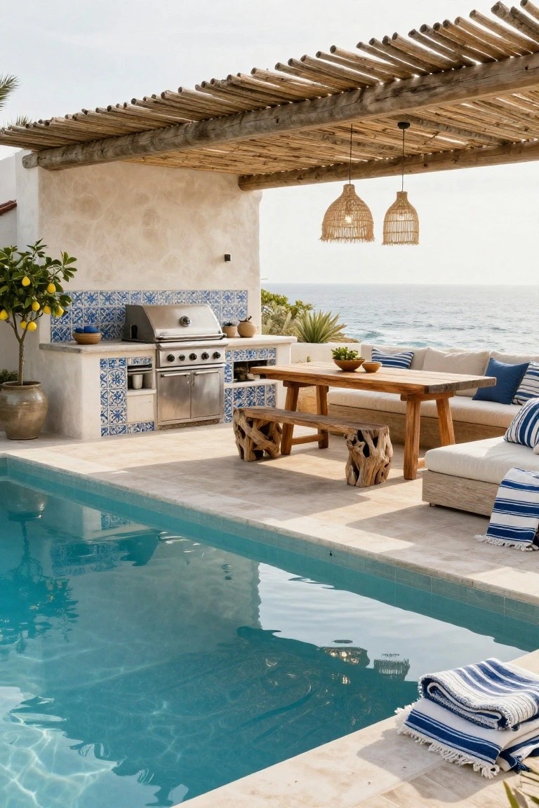Outdoor kitchen with stainless steel grill and blue patterned tile backsplash under a bamboo pergola, next to a pool and wooden dining table with ocean view in background.