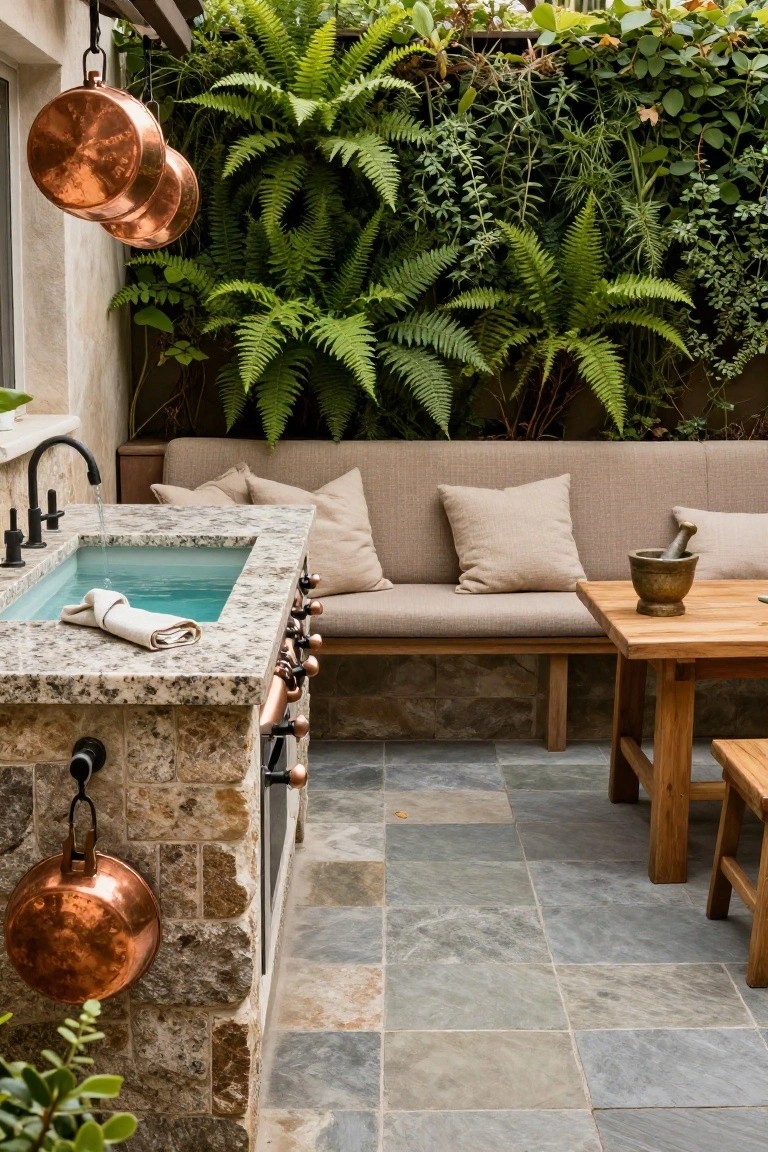 Outdoor kitchen on a stone-tiled patio with granite countertop, built-in sink and stove, hanging copper pots, adjacent cushioned bench seating, wooden side table with mortar and pestle, and lush green fern wall backdrop.