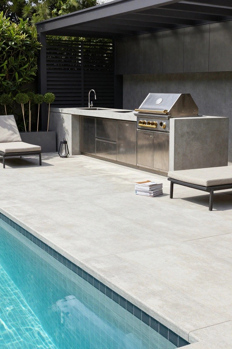 Modern outdoor kitchen with gray concrete counters and cabinets, stainless steel grill and sink, next to a turquoise-tiled pool on a matching concrete deck with lounge chairs.