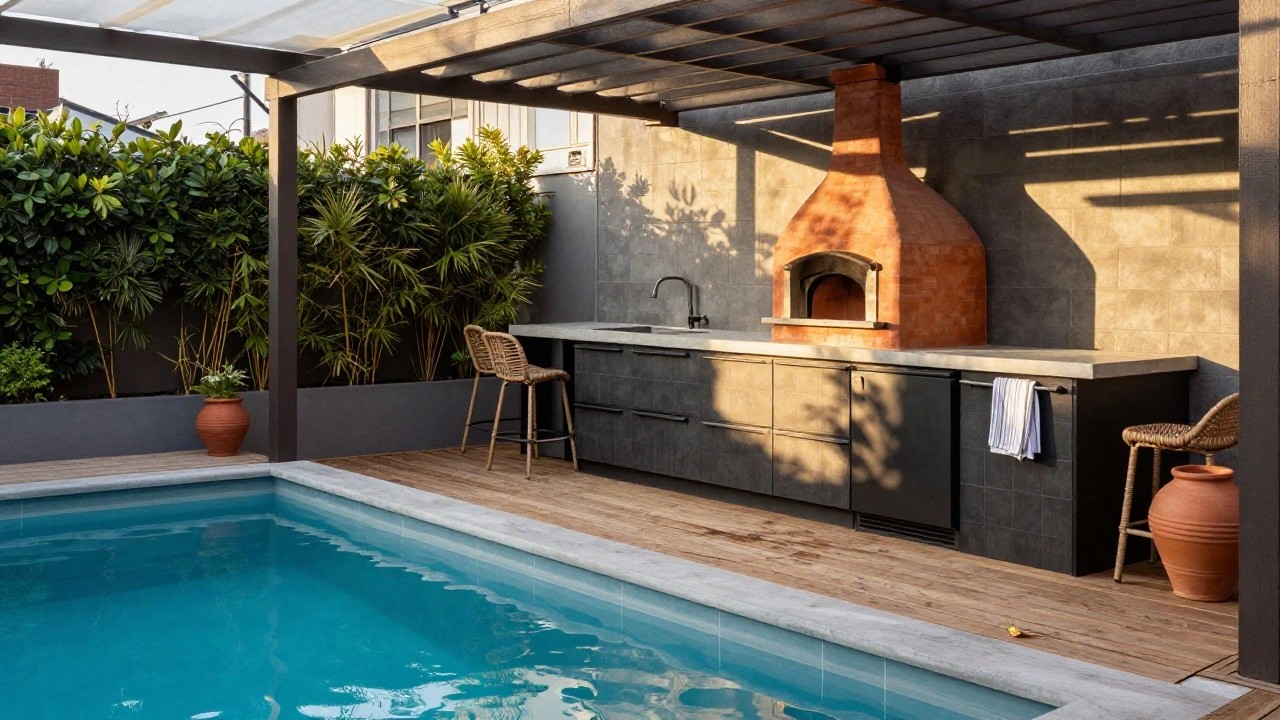 Outdoor kitchen on a wooden deck next to a pool, featuring a terracotta pizza oven, concrete countertop with sink and dishwasher, rattan bar stools, and surrounding plants under a fabric-shaded pergola.