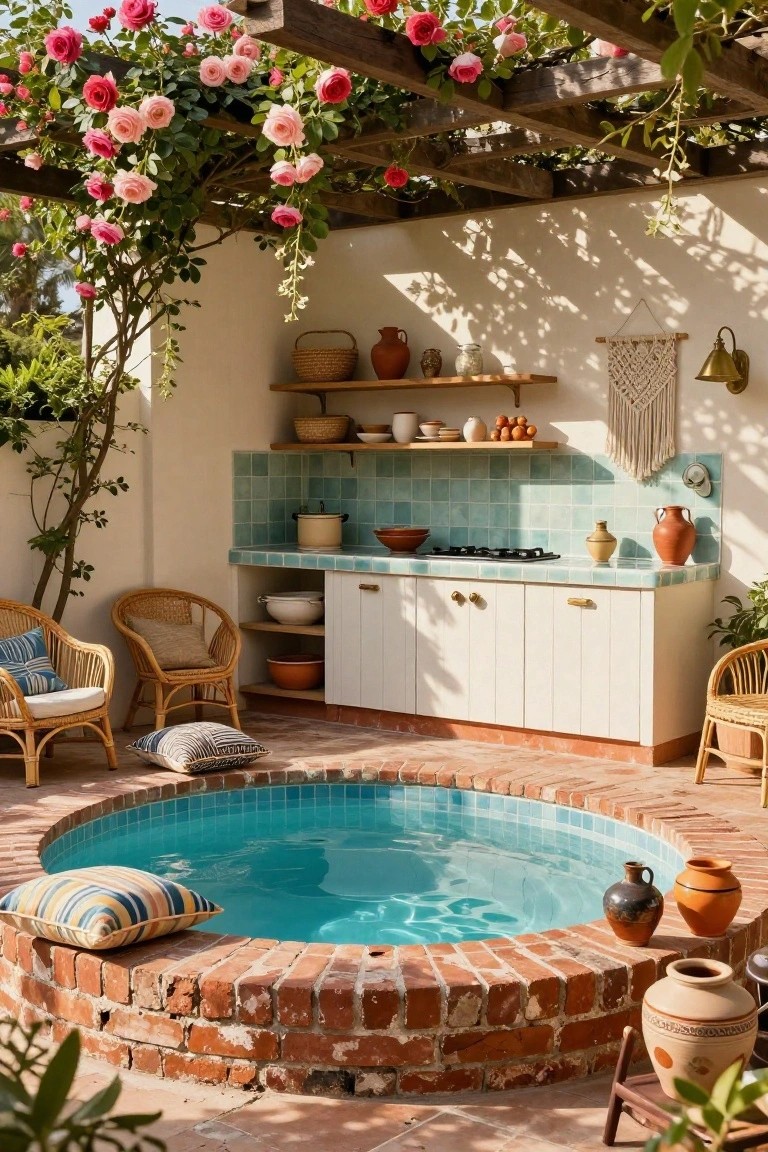 Outdoor kitchen with turquoise tiled backsplash and white cabinets next to a round turquoise pool edged in brick, with rattan chairs, terracotta pots, and climbing pink roses on a wooden pergola overhead.