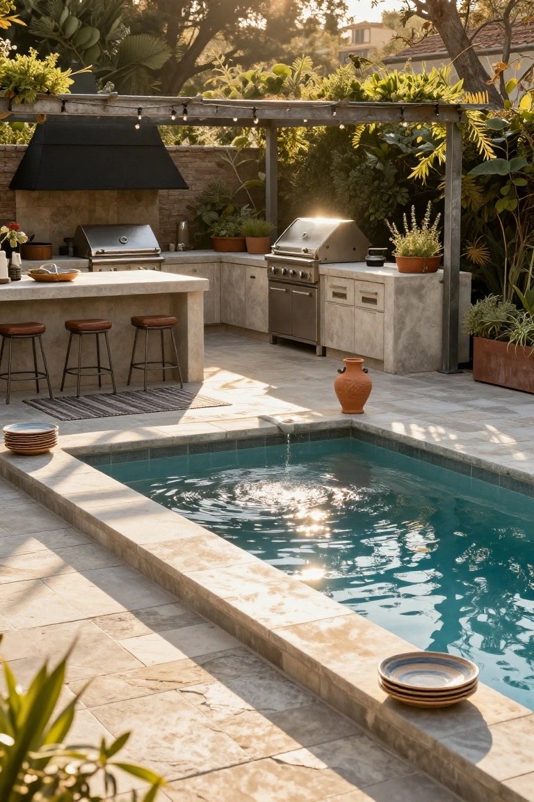Outdoor kitchen with multiple stainless steel grills on stone counters and cabinets, bar stools along the counter facing a small rectangular turquoise pool with water feature, pergola overhead with string lights, surrounded by potted plants and greenery on a tiled patio.