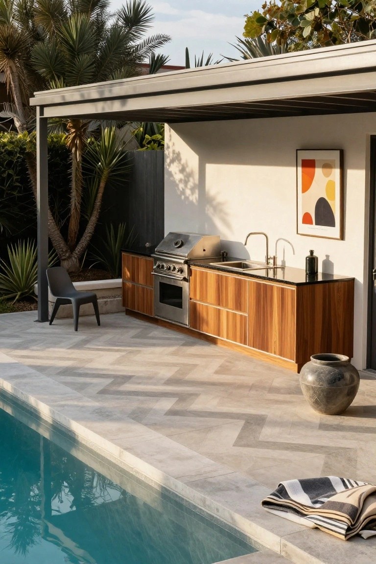 Outdoor kitchen with wooden cabinets, black countertop, built-in stainless steel grill, sink, and oven under a metal-roofed structure beside a turquoise pool on gray chevron-patterned tile patio.
