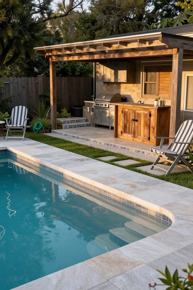 Wooden pergola shelters an outdoor kitchen with stainless steel grill, wooden cabinets, and counters next to a turquoise pool edged in beige tile, with lounge chairs on a grassy patio.