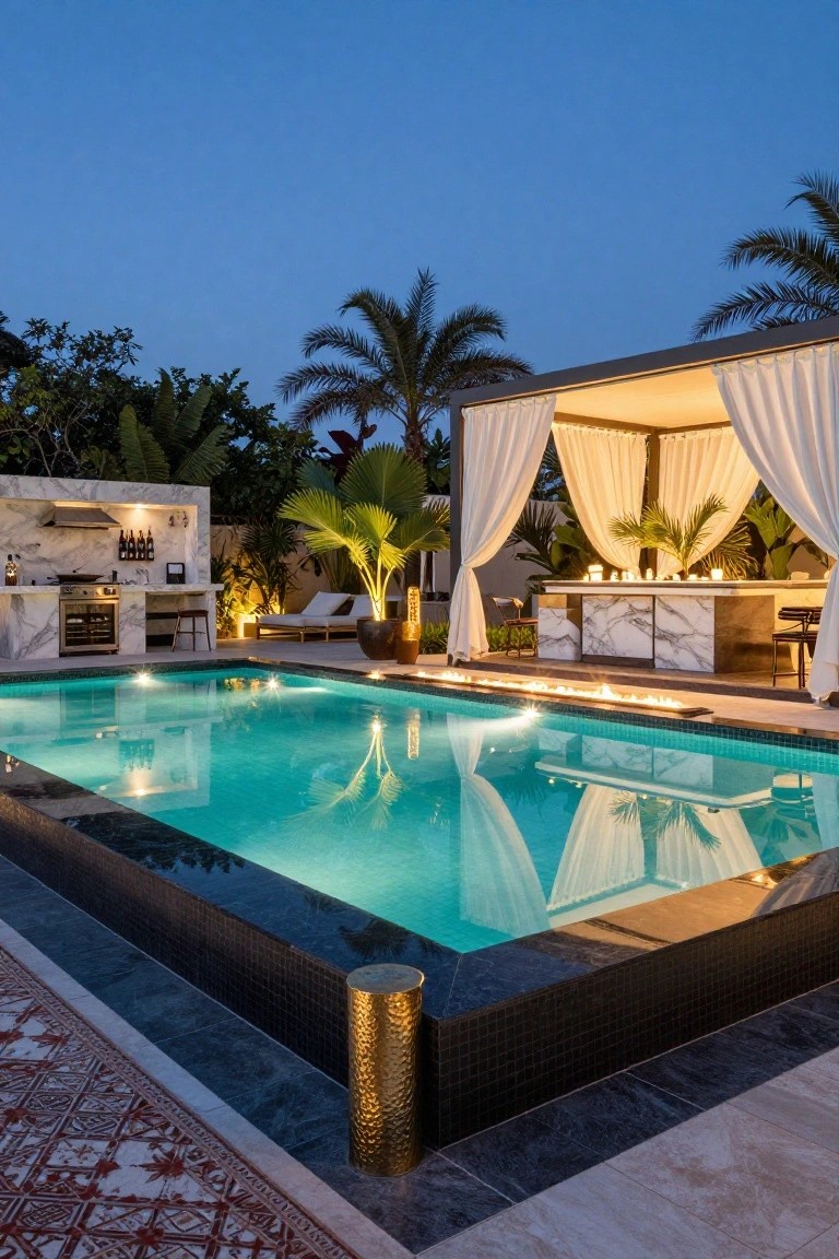 Dusk view of infinity-edge pool with black mosaic border, adjacent marble outdoor kitchen bar under white-curtained metal pergola, tropical plants, lounge chairs, and linear fire feature.