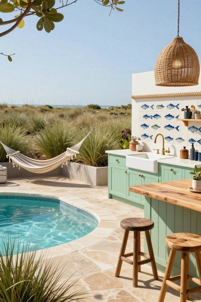 Outdoor kitchen featuring mint green cabinets, white farmhouse sink, blue fish tile backsplash on white wall, wooden bar top with stools, adjacent to curved turquoise pool, hammock, potted plants, and dune grass with ocean view.