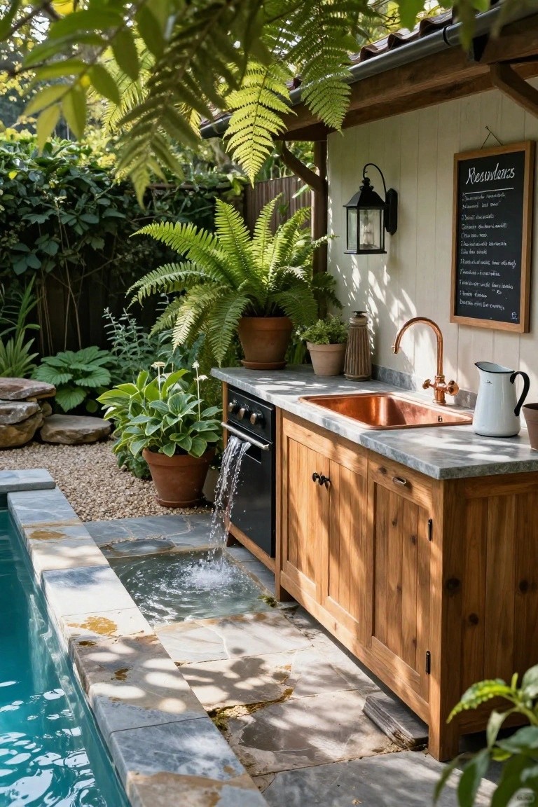 Outdoor kitchen with wooden cabinets, copper sink faucet running water that cascades over the edge into an adjacent pool, potted plants and ferns nearby under a covered wooden shelter.