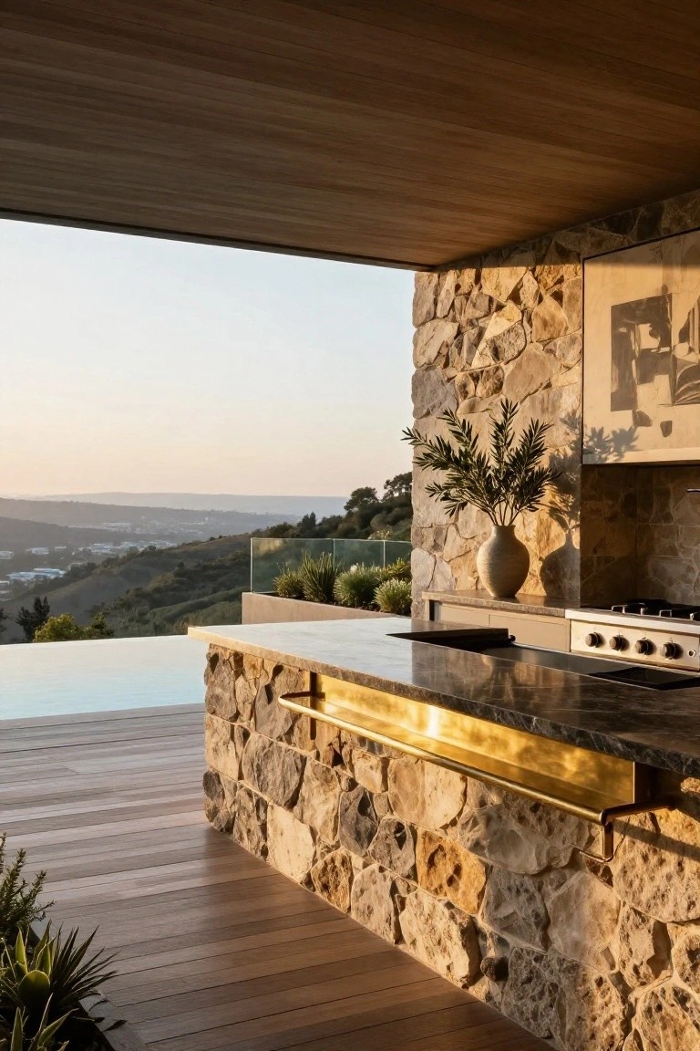 Outdoor kitchen featuring a black stone countertop with gas cooktop, built into beige stone walls with a brass shelf, adjacent to an infinity-edge pool on a wooden deck overlooking hills at sunset.