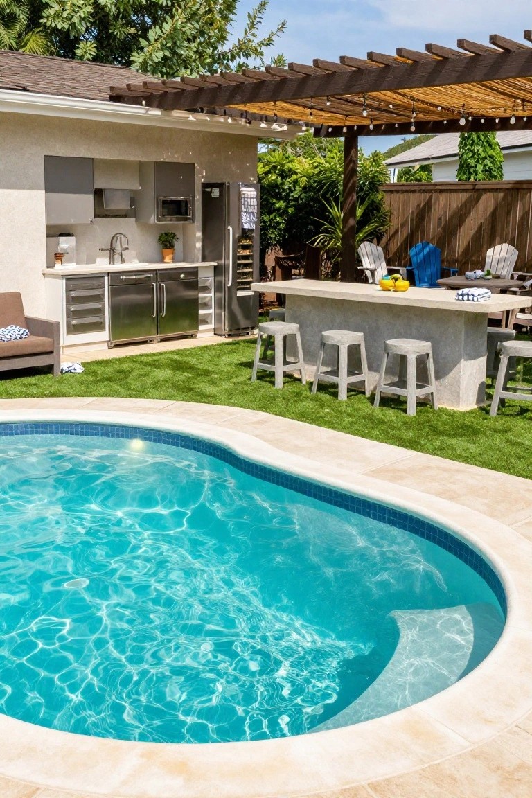 Outdoor kitchen with gray cabinets, stainless appliances, and a long concrete bar with white stools adjacent to a curved turquoise pool edged in tile, surrounded by artificial grass, lounge chairs, and a pergola.