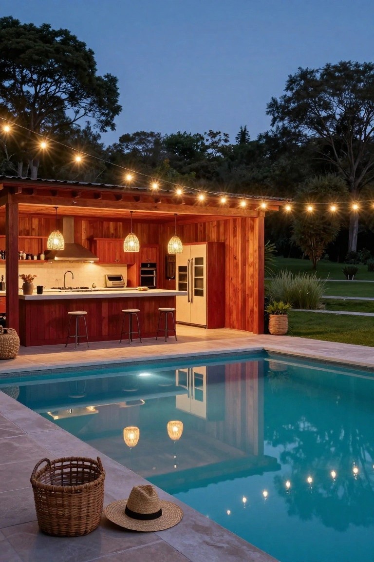 Wooden pavilion with outdoor kitchen featuring redwood cabinets, cooktop, bar stools, and pendant lights adjacent to a lit turquoise pool at dusk, with string lights overhead and trees in the background.