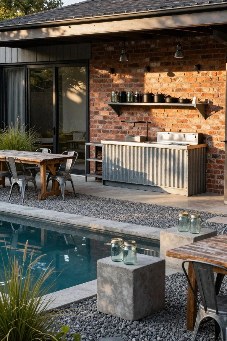 Outdoor kitchen against a brick wall with corrugated metal cabinets, stainless steel sink, shelves holding pots and jars, wooden dining table with metal chairs, concrete blocks with glass jars, gravel ground, grasses, and adjacent turquoise swimming pool.